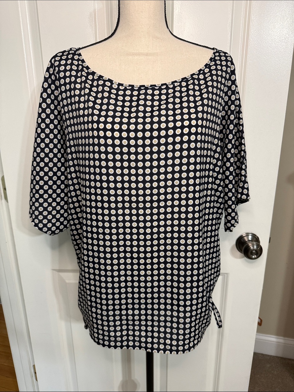 Michael Kors Navy and White Polka Dot Scoop Neck Top